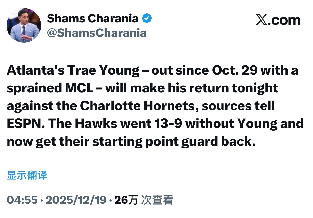 Shams：10月29日遭遇右膝内侧副韧带扭伤的特雷杨将在今天对阵黄蜂的比赛里复