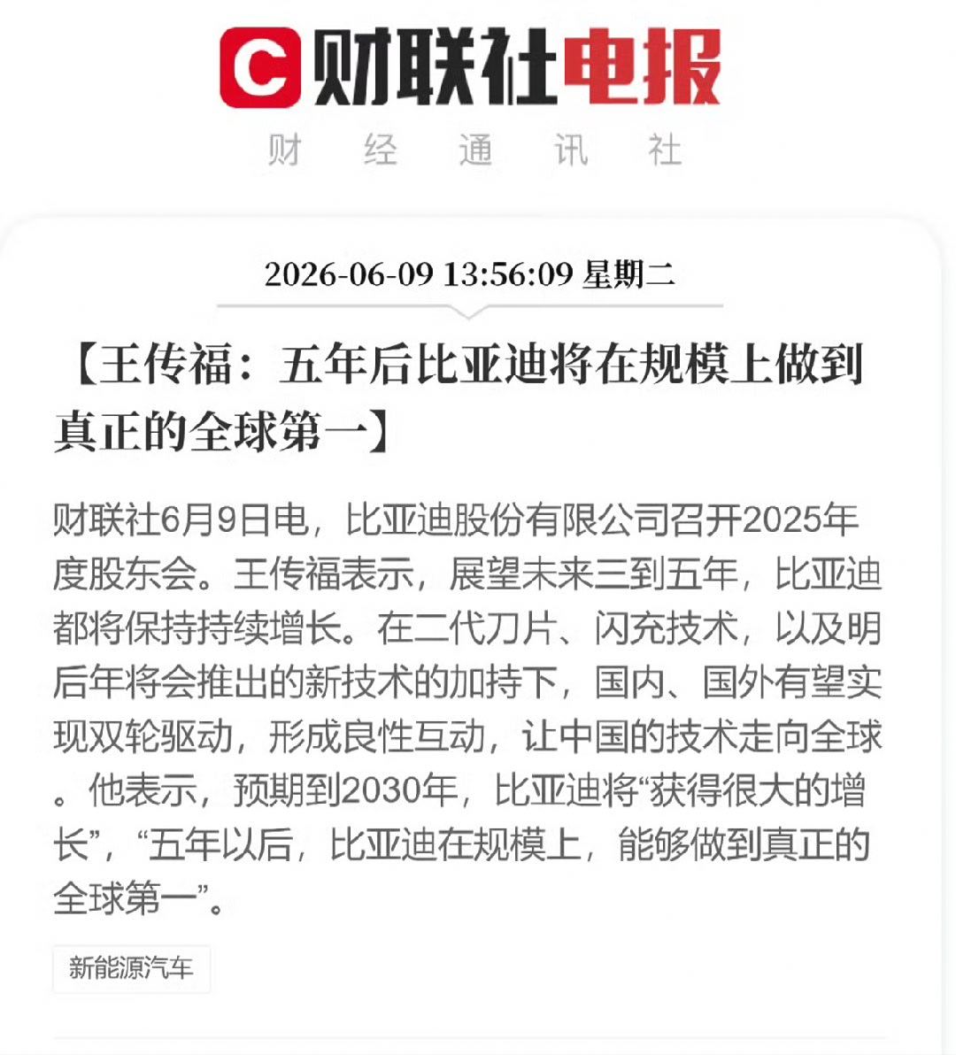 王传福称5年后比亚迪规模全球第一 比亚迪是真有技术，有研发，硬核科技。出海做的也