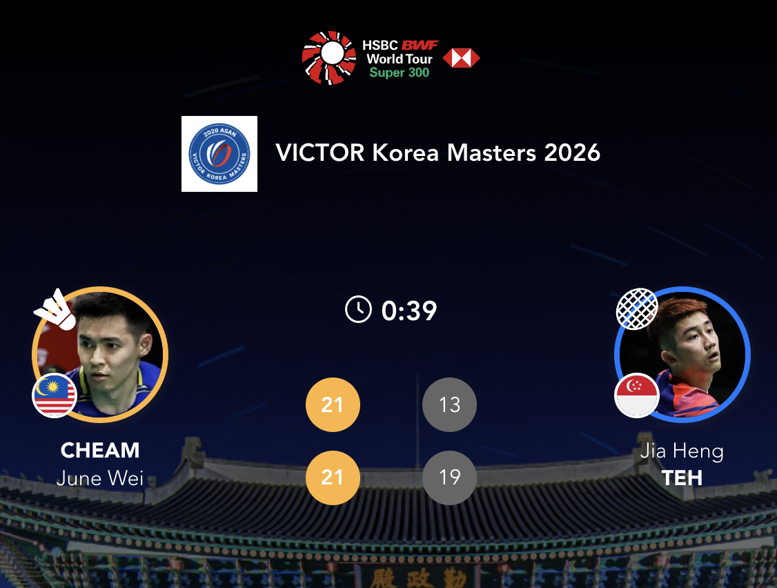 詹俊为🇲🇾 21-13、21-19 🇸🇬郑加恒下轮：董天尧🇨🇳 vs