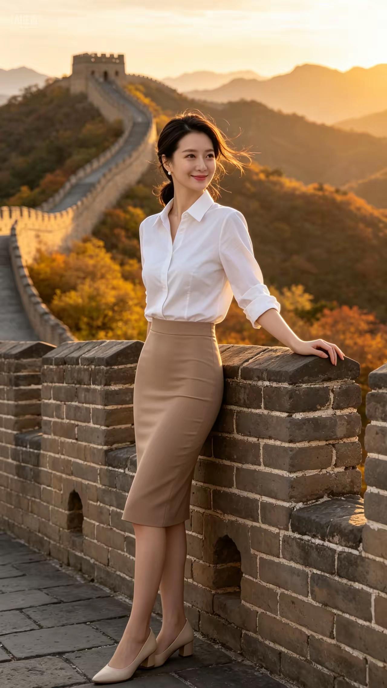 在长城上，优雅白衬衫与米色裙的完美搭配，感受历史与现代的交融。