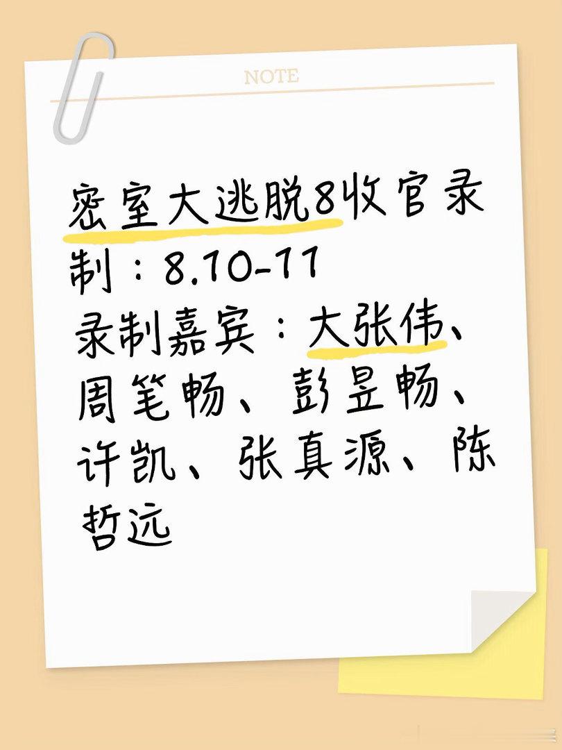 密室大逃脱8收官录制：8.10-11录制嘉宾：大张伟、周笔畅、彭昱畅、许凯、张真