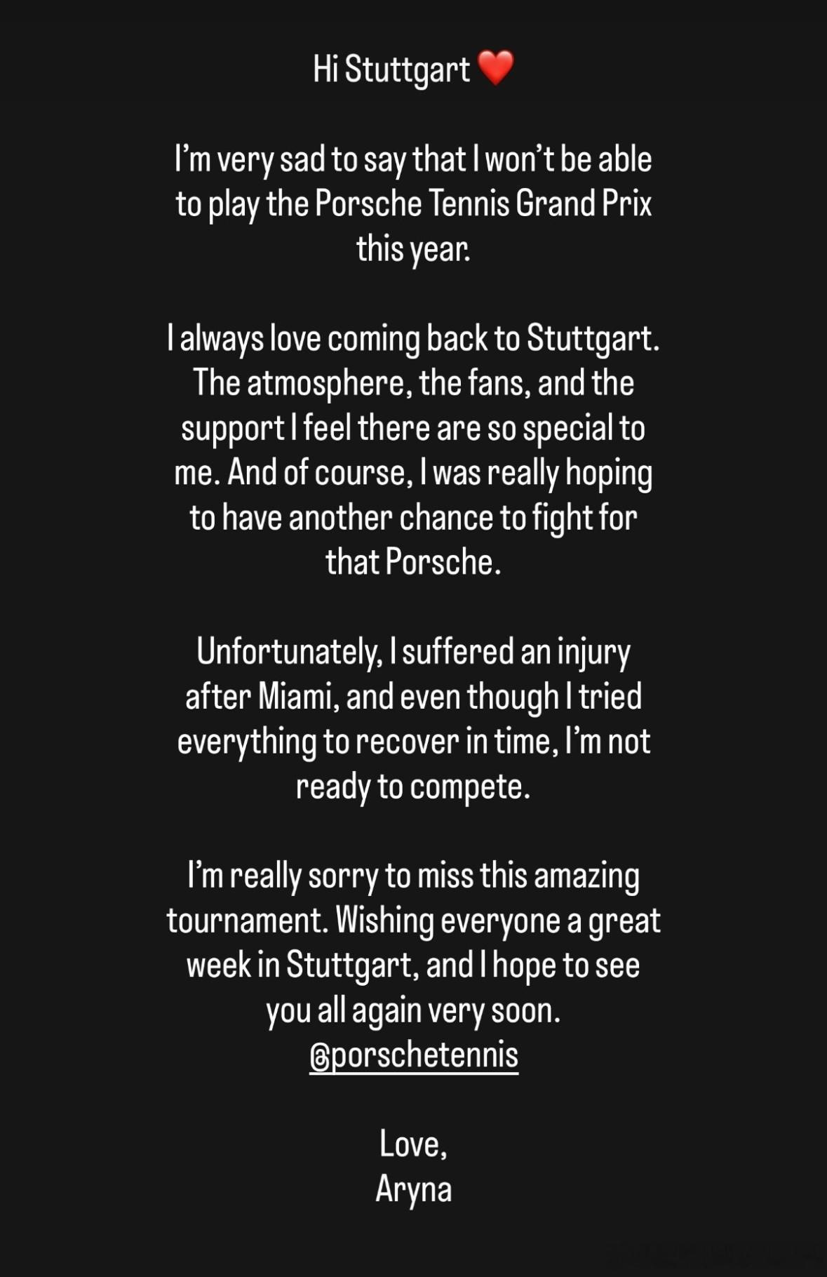 萨巴伦卡！宣布退出下周开始的斯图加特500赛！原因是在迈阿密1000赛夺冠之后遇