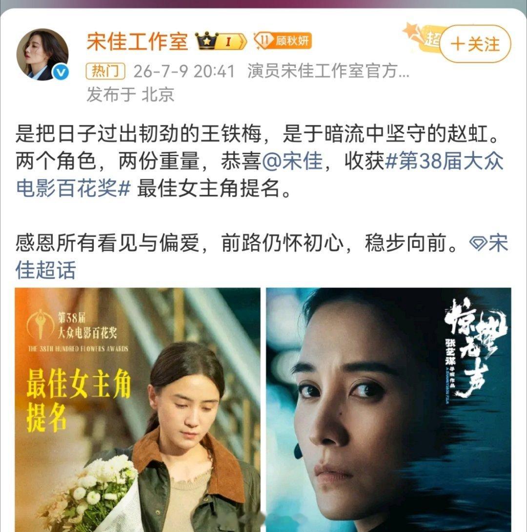 宋佳双角色提名 宋佳首次获得百花奖提名