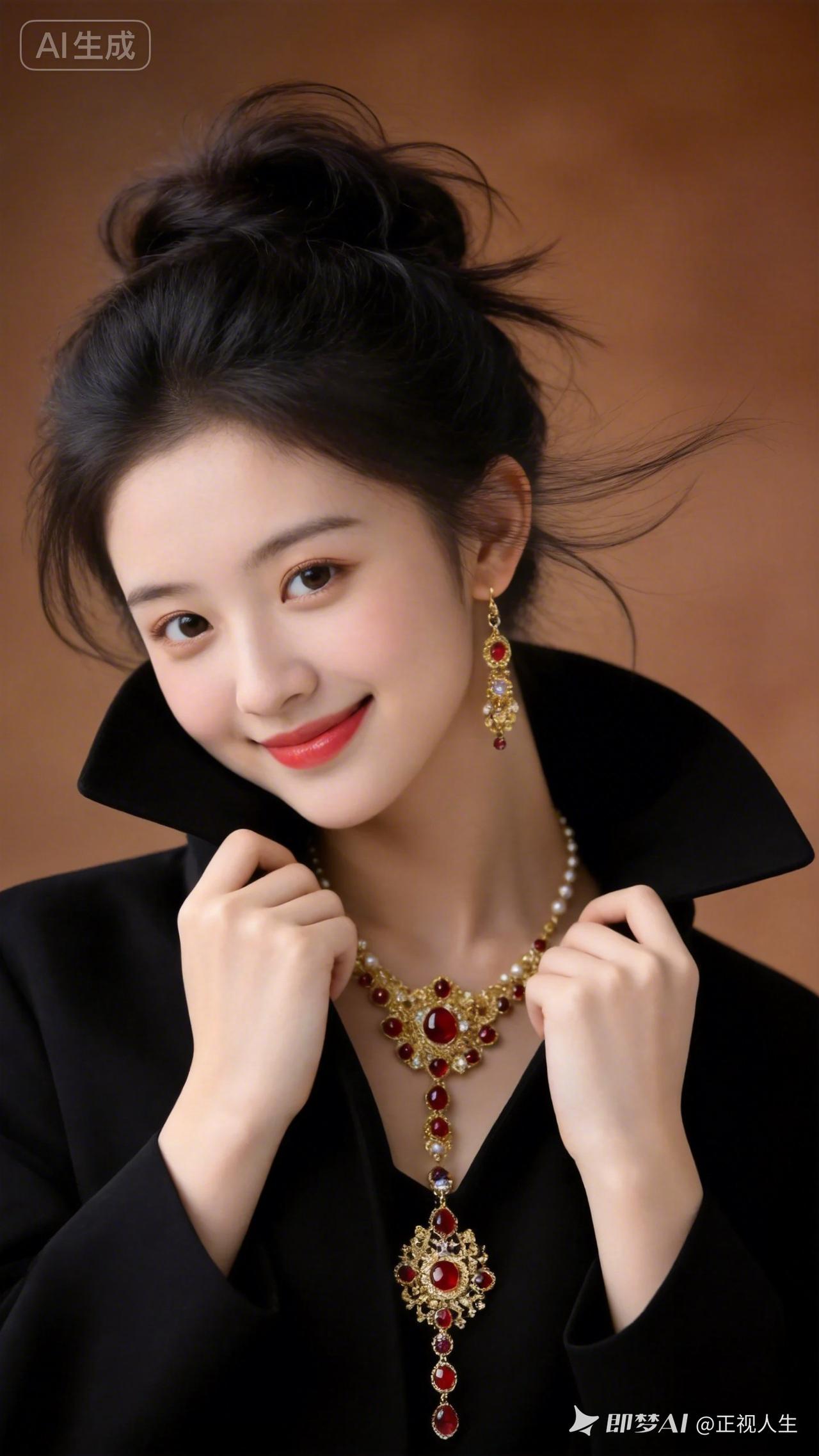 优雅黑衣配红宝石项链，尽显高贵气质！💎✨