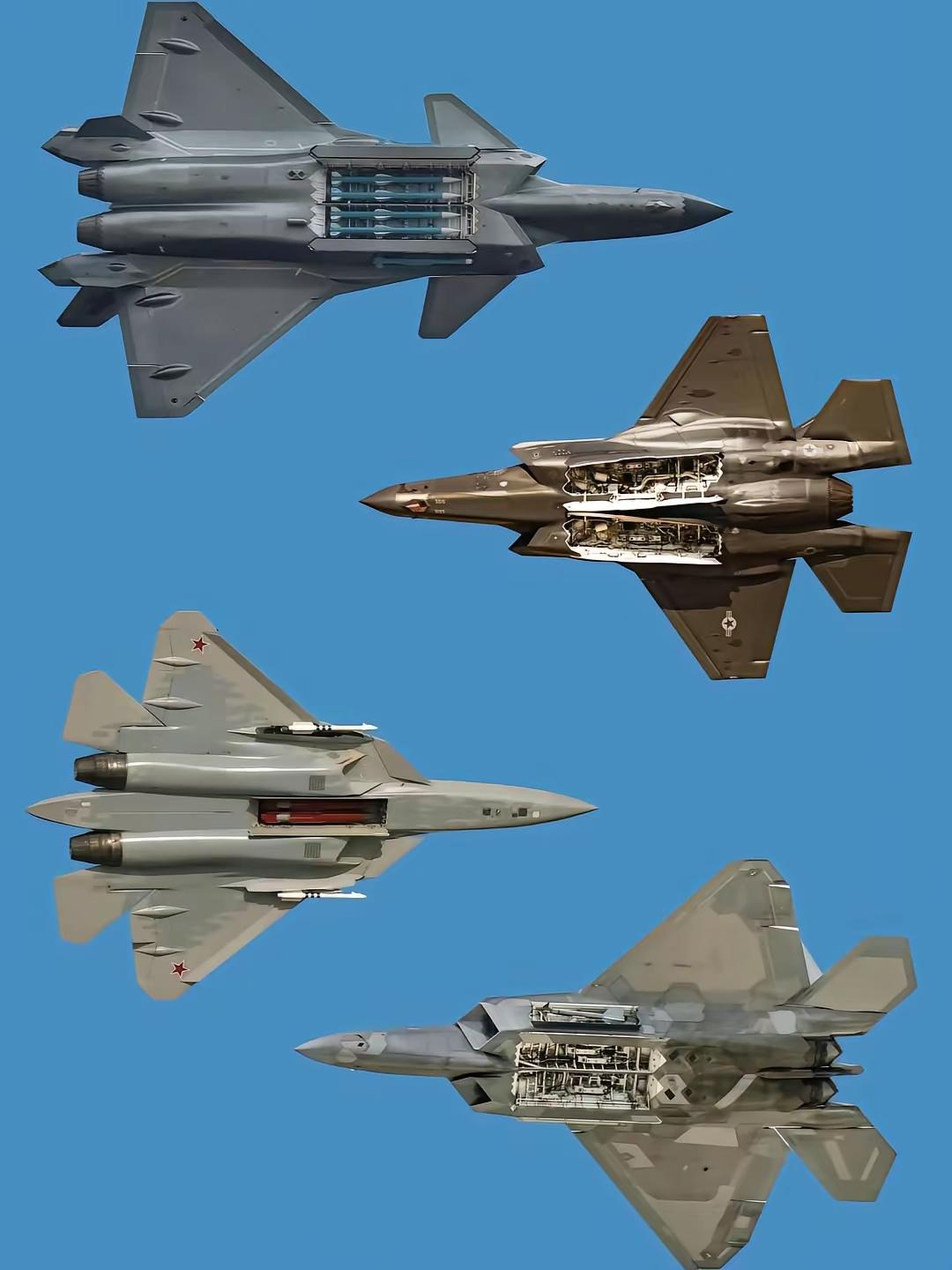 全球五代隐身战斗机内置弹仓对比图，那款战机设计的最合理最先进？我觉得F35和苏5