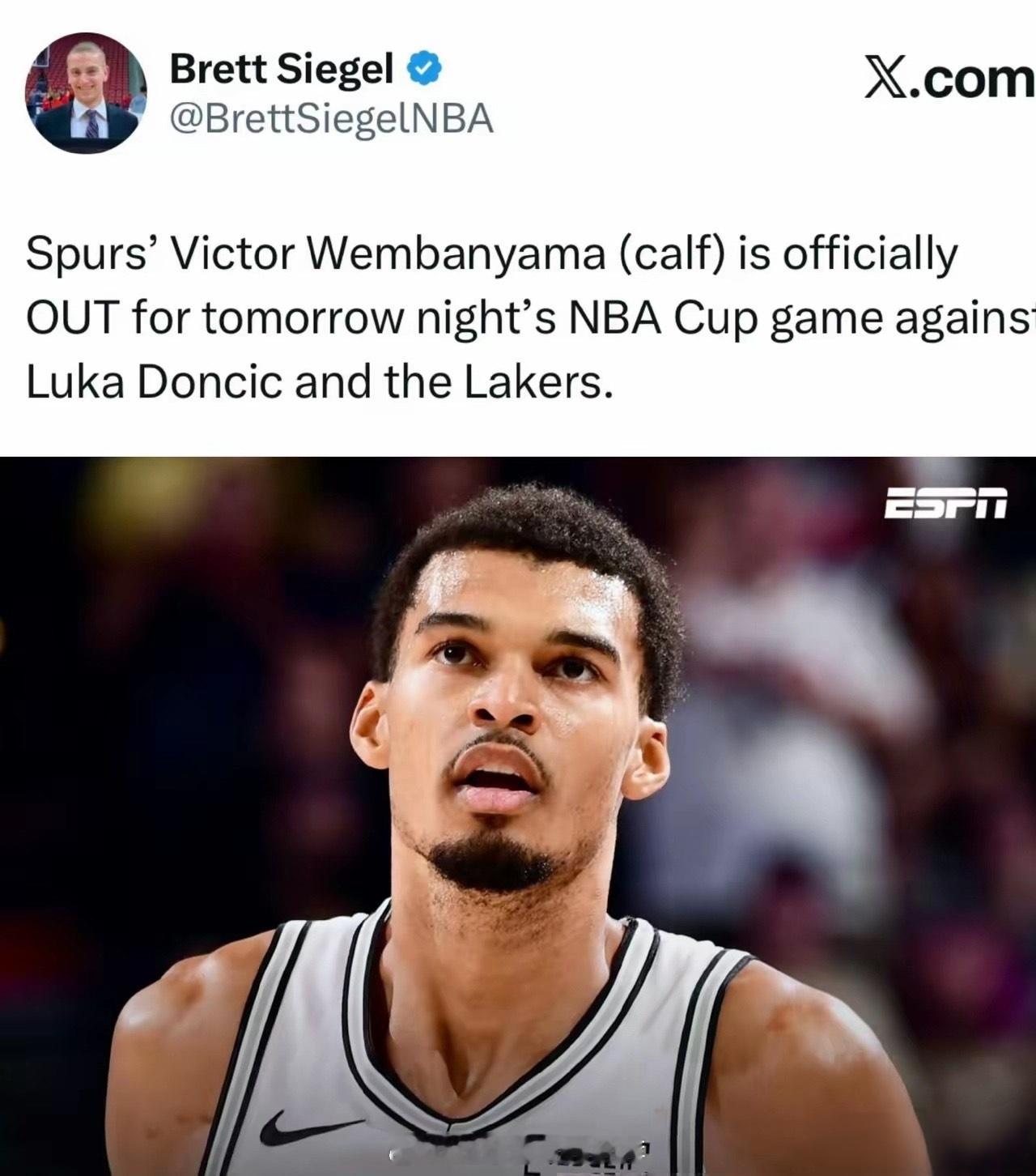 湖人队好消息！文班亚马将缺席淘汰赛！据NBA权威记者Brett Siegel报道