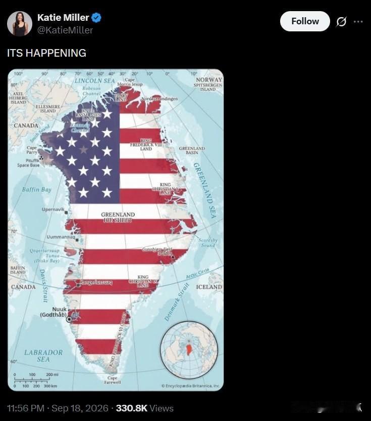 格陵兰跑不掉的。美国特朗普顾问 斯蒂芬·米勒（Stephen Miller）的妻