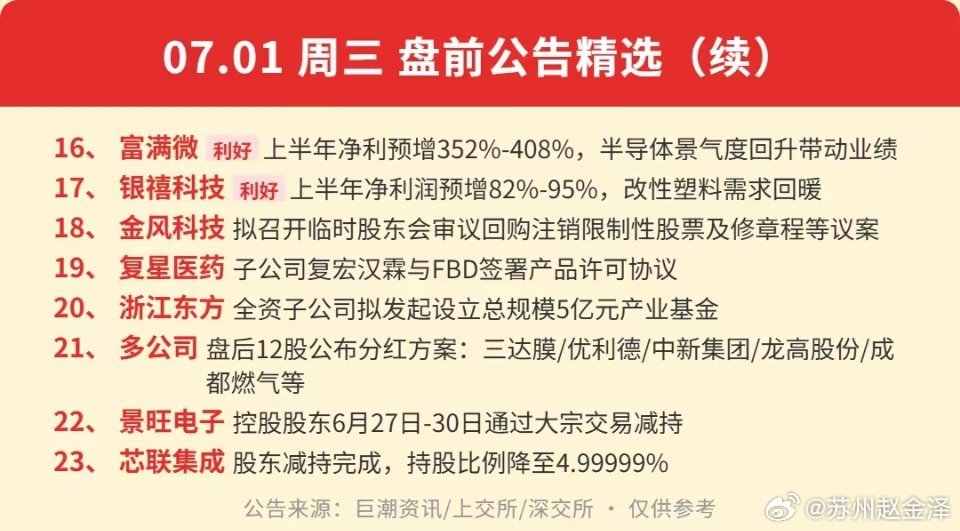 07.01盘前公告速递1、彩虹股份 [澄清] 异动公告澄清：基板玻璃未进入半导体