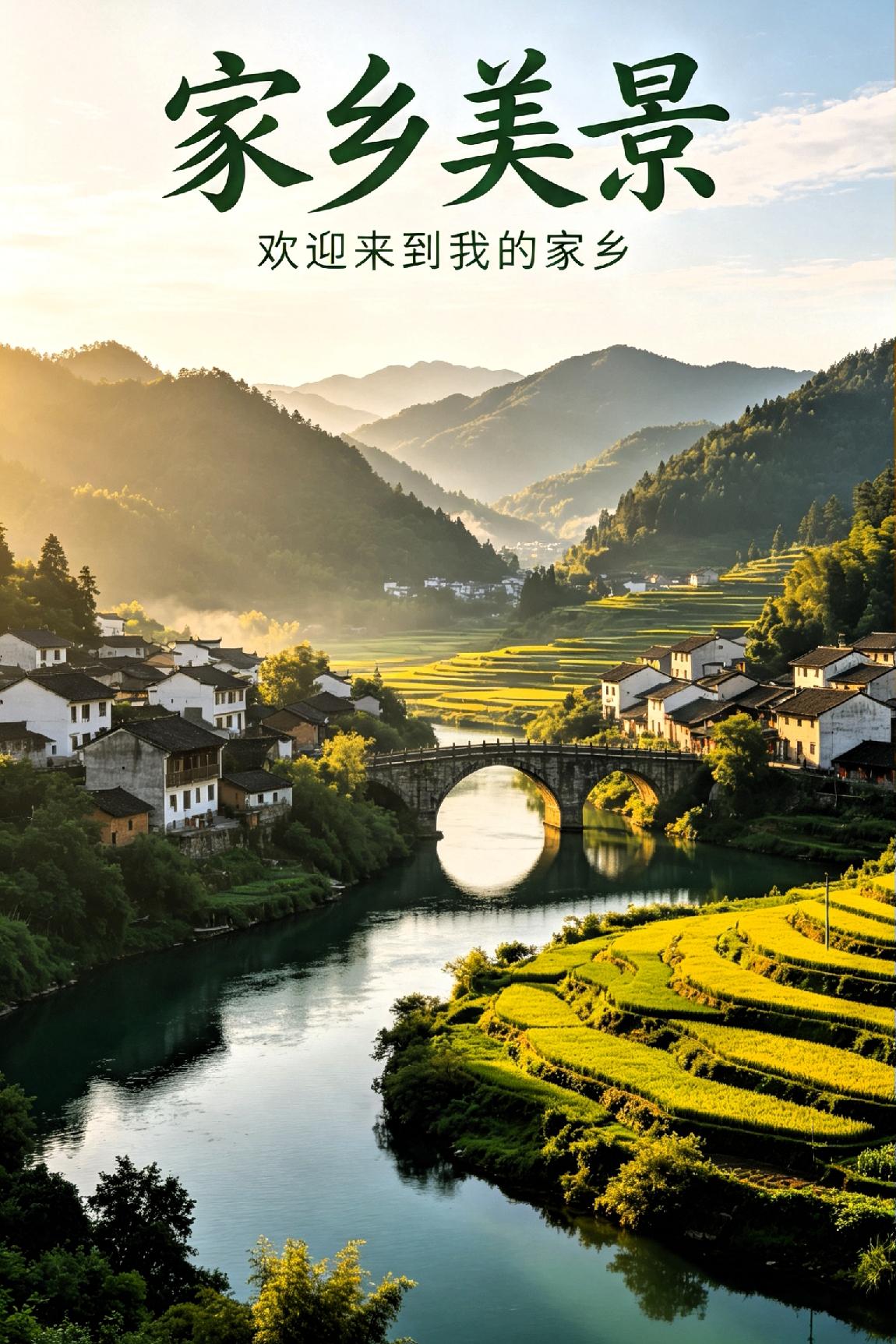 《家乡美景》

 
叠嶂青山抱故川，清溪九曲绕村前。

土墙古舍灯光软，朱户楹联