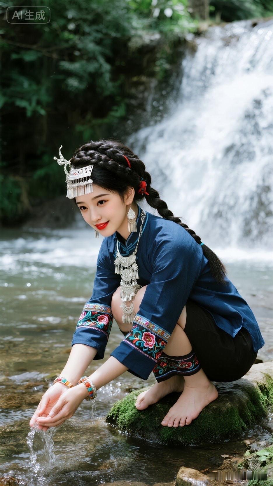 山间少女，轻抚流水，自然之美