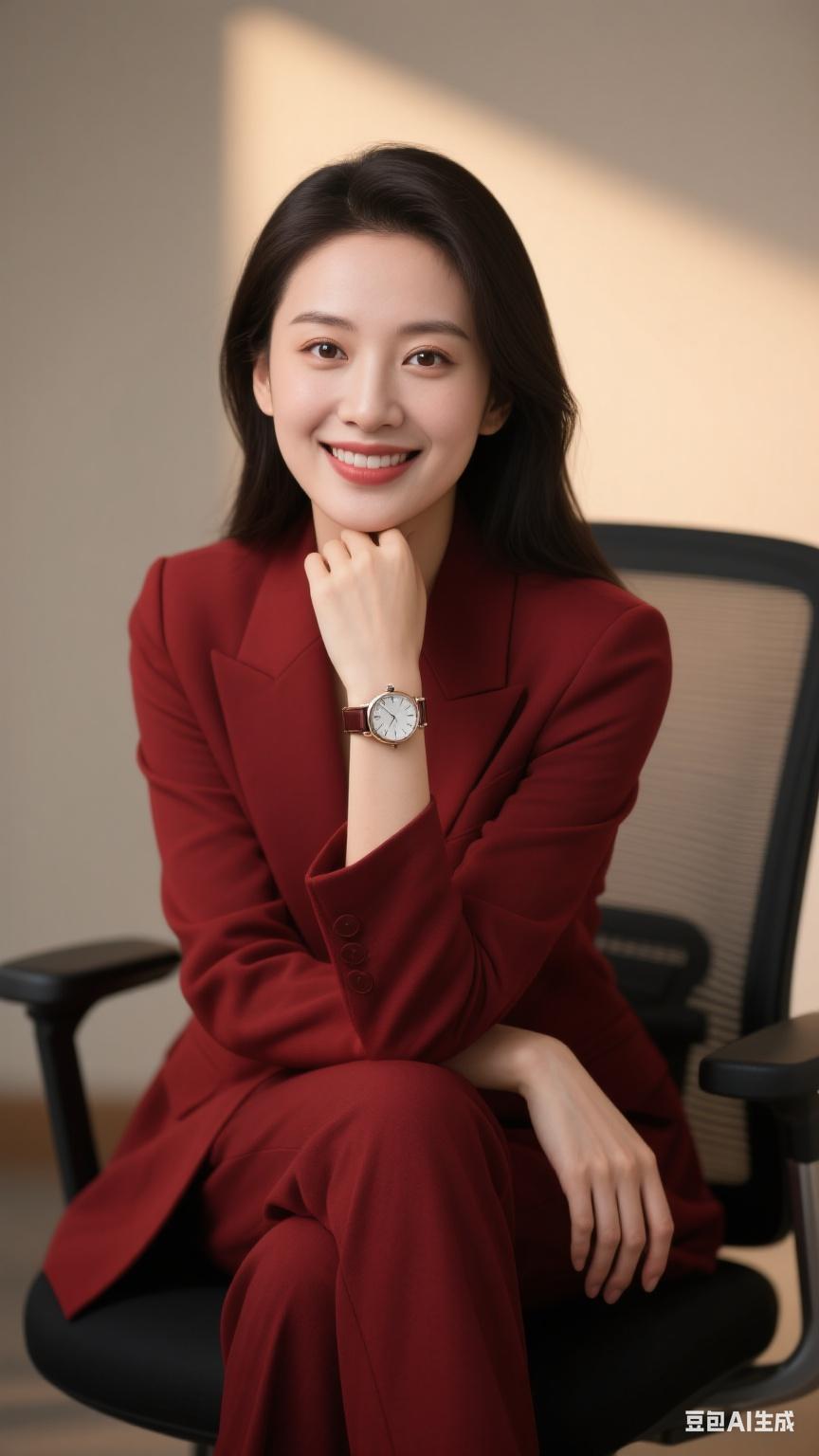 中国女性着酒红西装戴精致手表，坐办公椅手托下巴从容优雅，五官精致大眼有神，妆容专