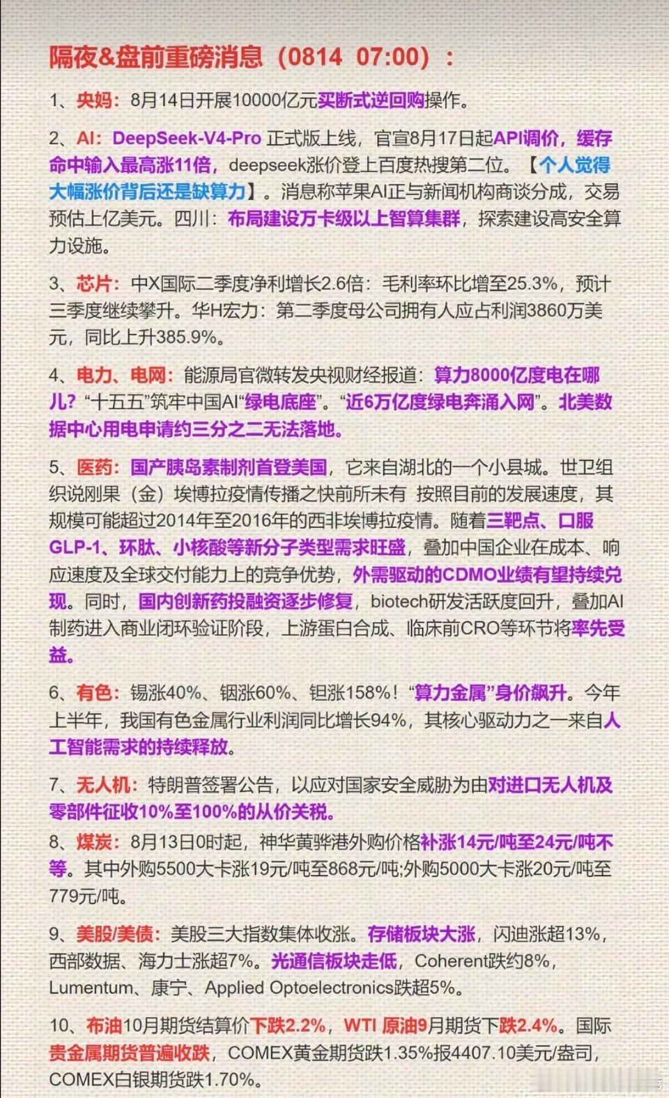 8.14周五  财经热点+隔夜财经要闻！1.Deepseek2.存储芯片3.电力