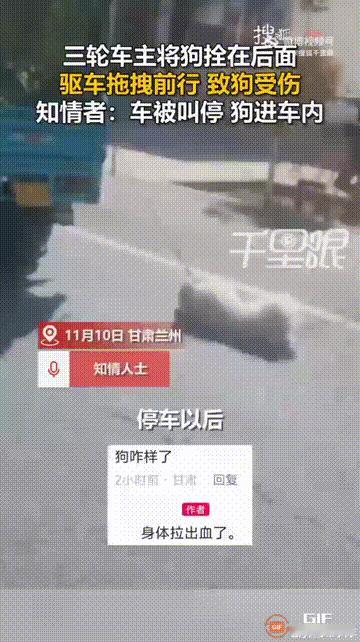 甘肃兰州一名男子回家时，看见一辆电动三轮车的后面拴着一只小狗，小狗一直在被拖行，