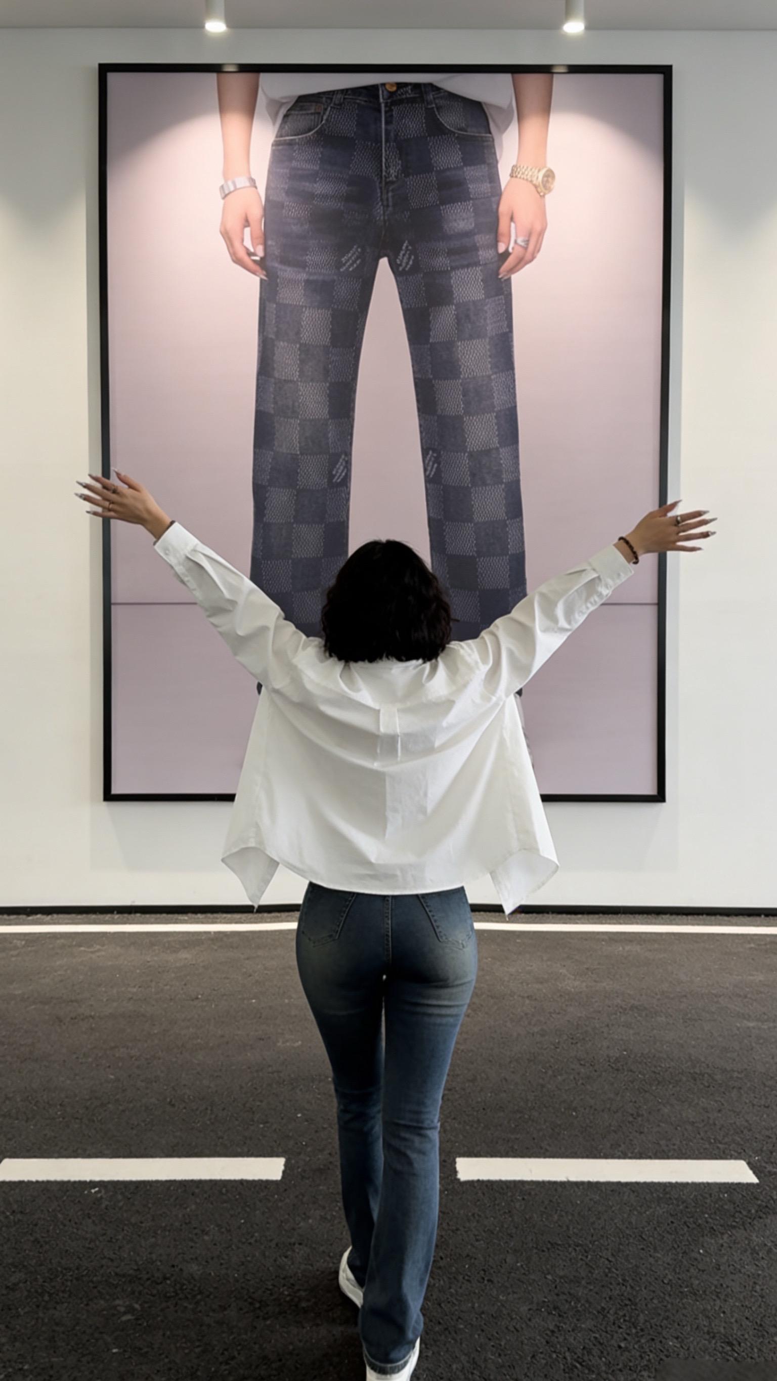 秋冬复古撞色棋盘格休闲牛仔裤男士做旧个性直筒百搭中性潮流长裤