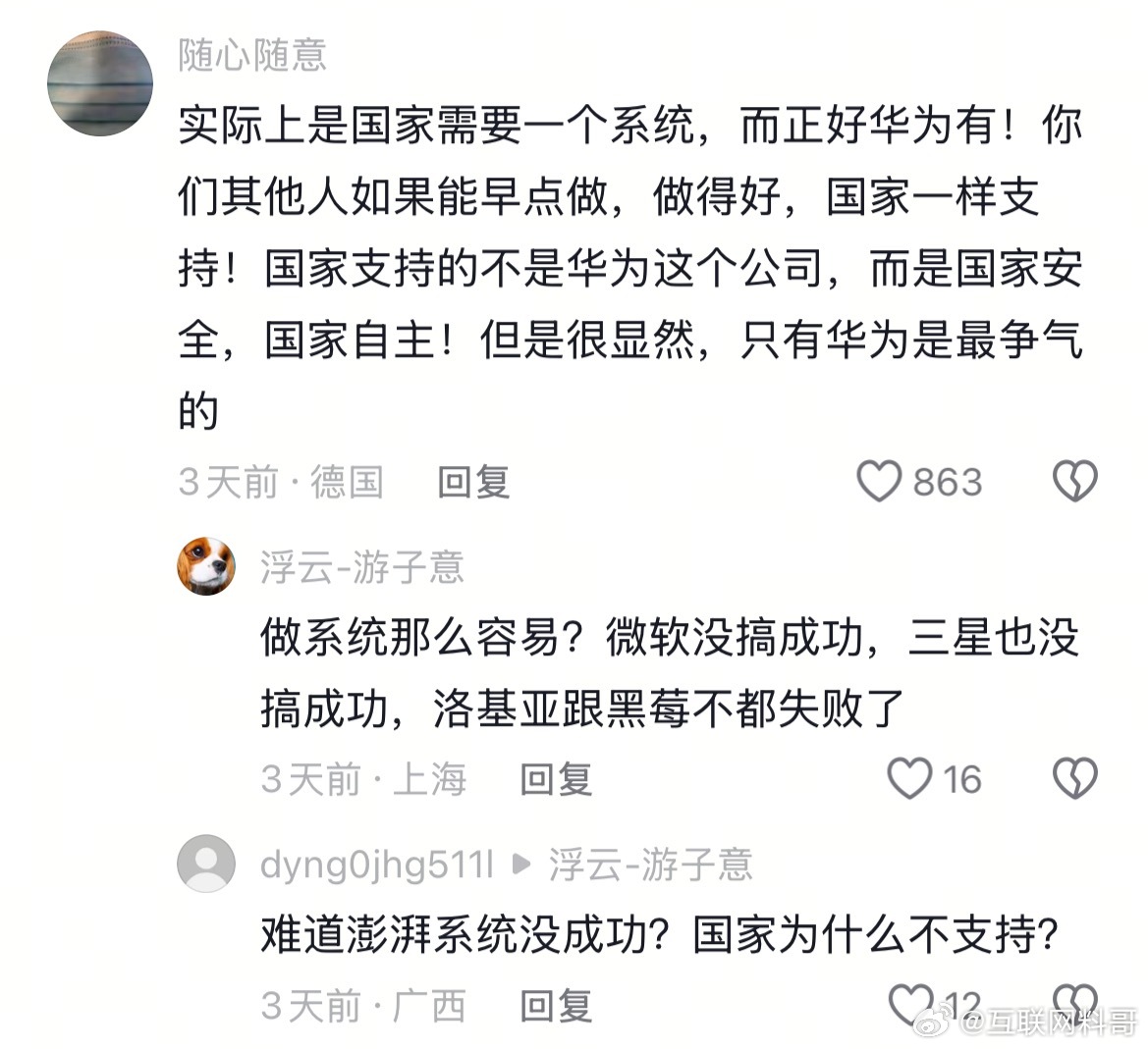 网友对华为鸿蒙系统和小米澎湃系统的讨论。国家需要自主可控的操作系统，正好华为有！
