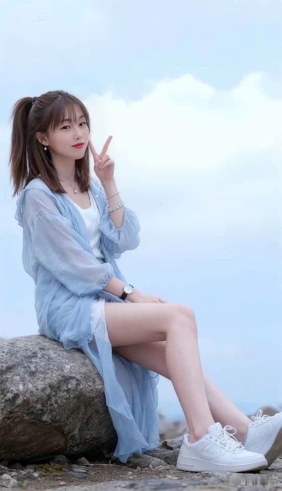 元气少女海边打卡，比个V字笑开颜！