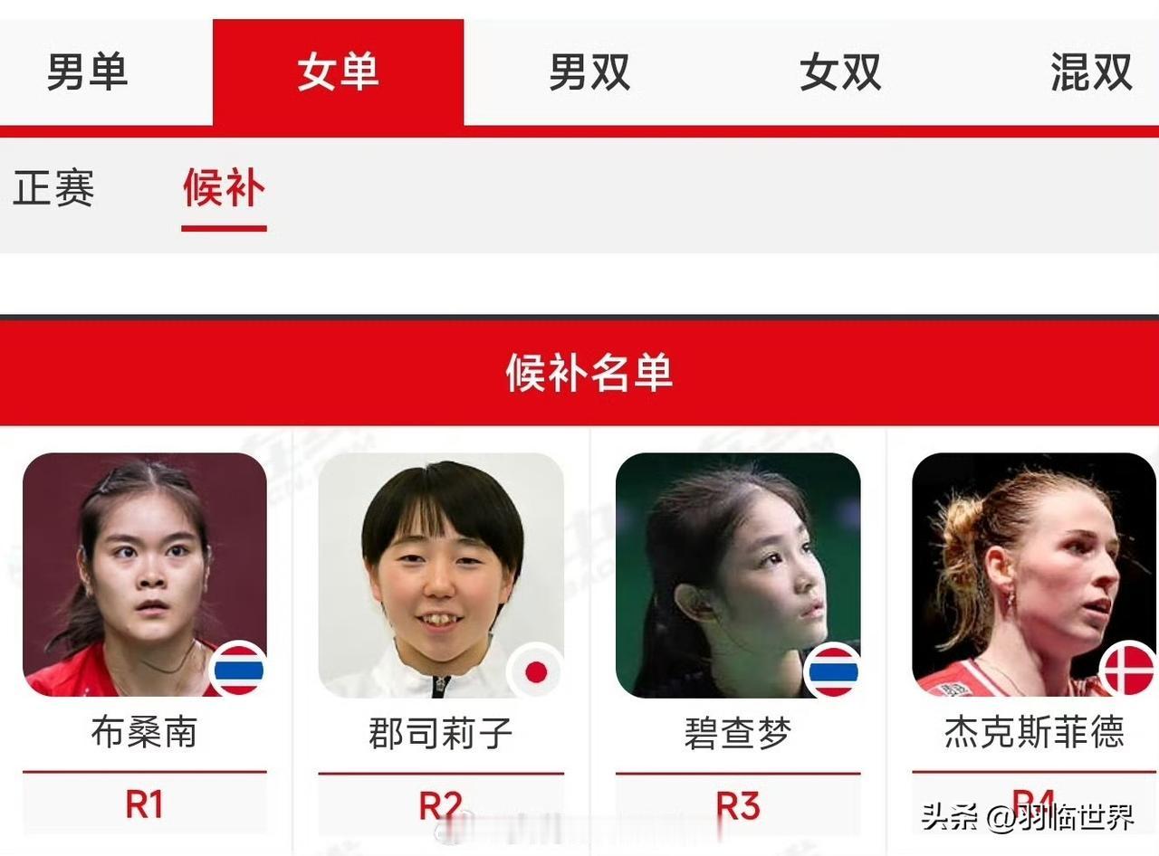 日本羽协公布：女单郡司莉子成功替补进正赛

Ps：咱们羽协啥时也可以实时更新阿？
