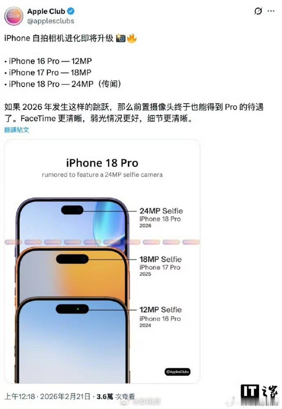 iPhone18Pro像素前瞻18Pro升级成24MP的前摄？升级这么大不像苹果