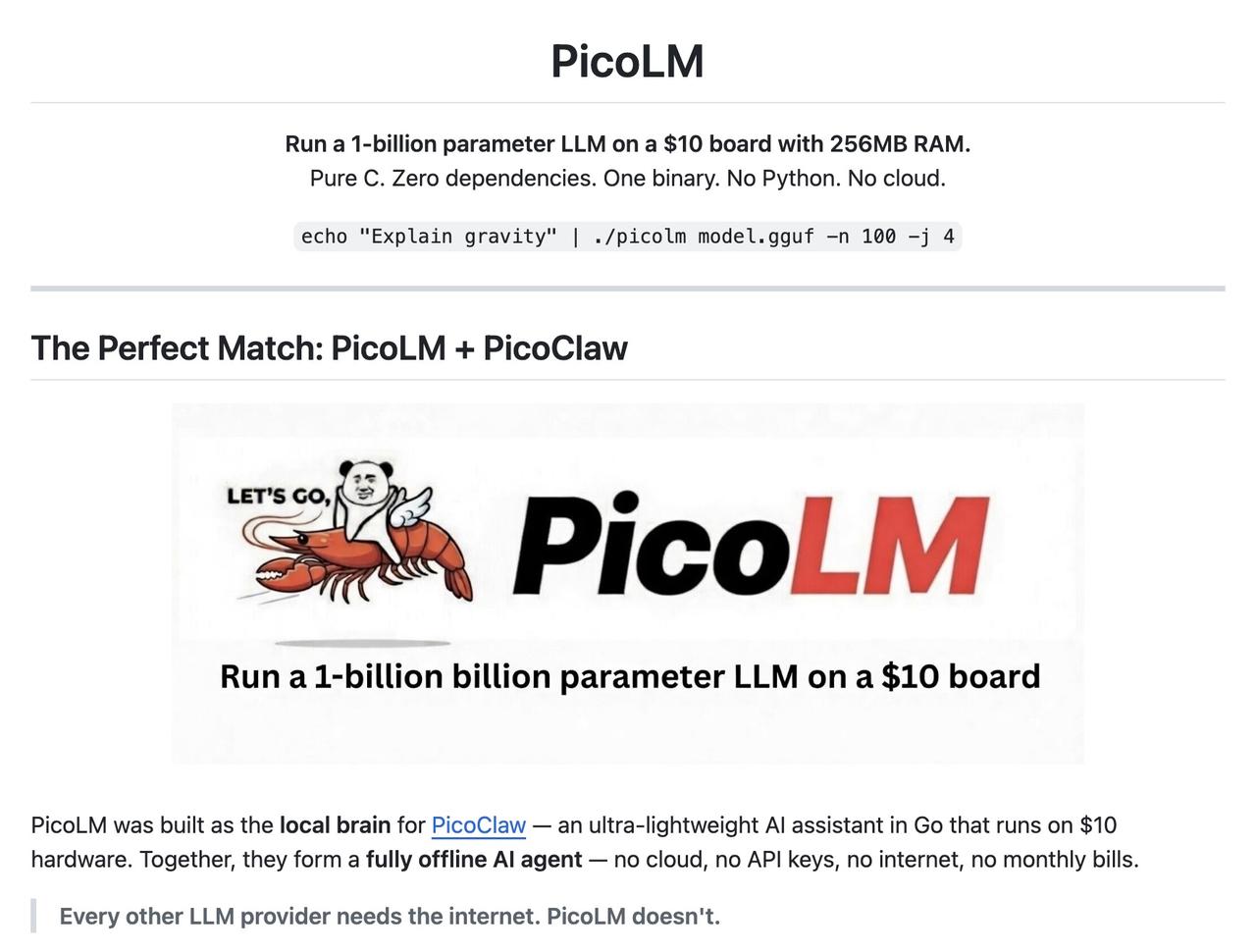 【10美元硬件跑大模型：PicoLM把AI拉下神坛】这是一款仅用2500行纯C代