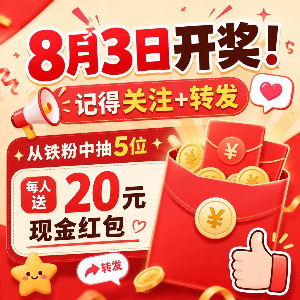 8月3日开奖！记得关注+转发从铁粉中抽5位每人送20元现金红包  抽奖详情