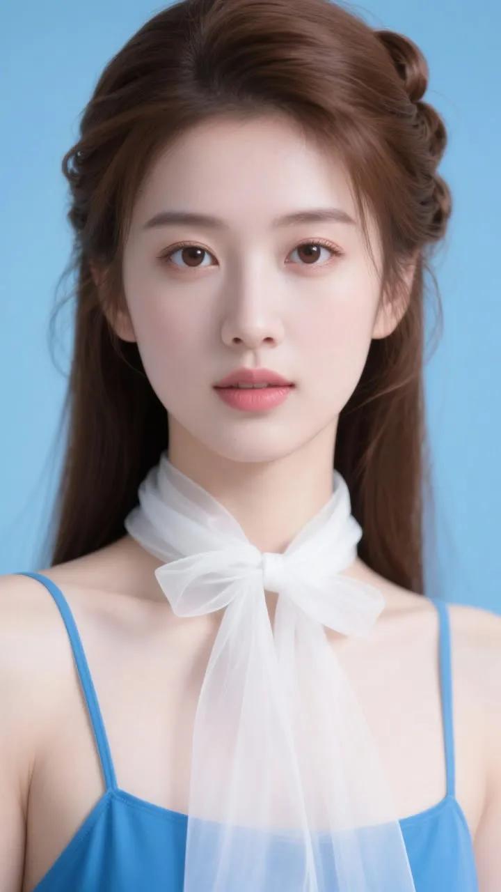 温柔甜美的少女，蓝色吊带裙搭配白色蝴蝶结，清新自然。