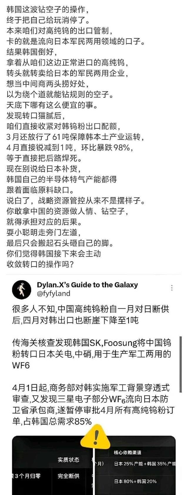 中国高纯钨出口卡 日本 脖子， 韩国 人倒卖钨给日本，老中发现后又卡了韩国脖子。
