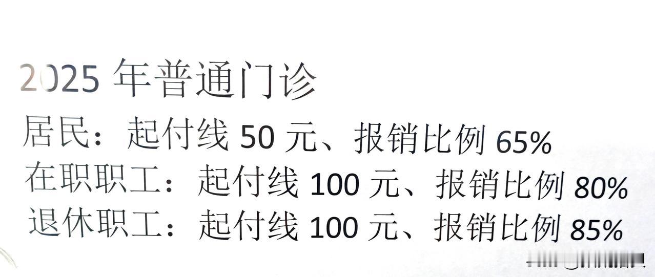 今天在某卫生院看到，2025年退休职工门诊统筹报销起付线由去年的50元涨至100