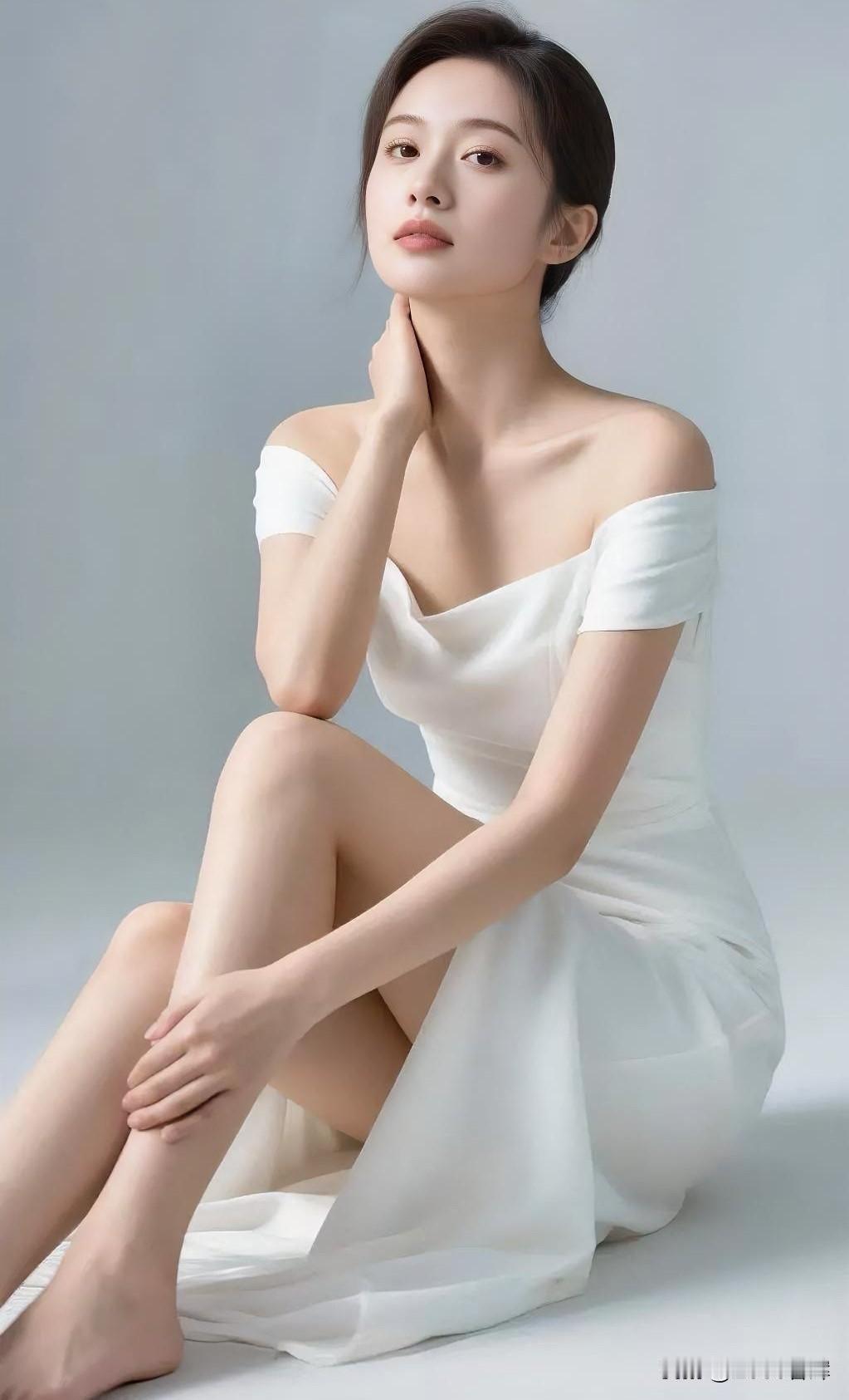 素白裙裾，铺展成云的模样。

露肩轻挽，似月光吻过肩头。

她坐成静谧的诗，指尖