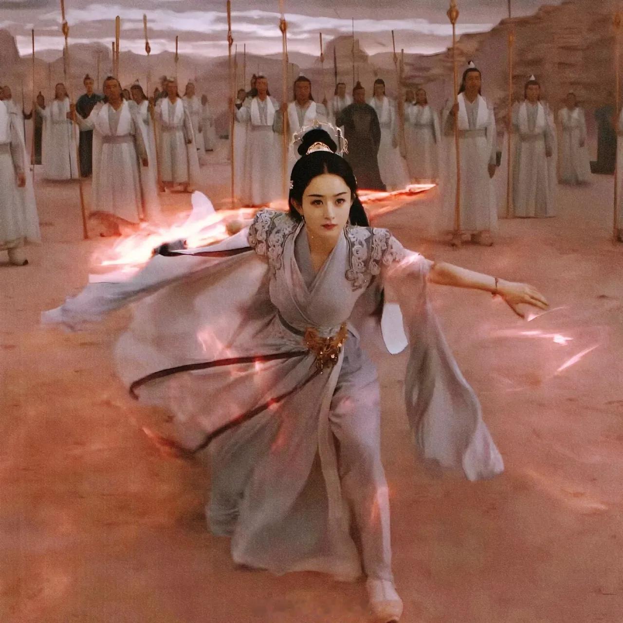 赵丽颖无实物表演，好强的信念感，这里就是一个人对着镜头拍准备开大，好坚毅的眼神[