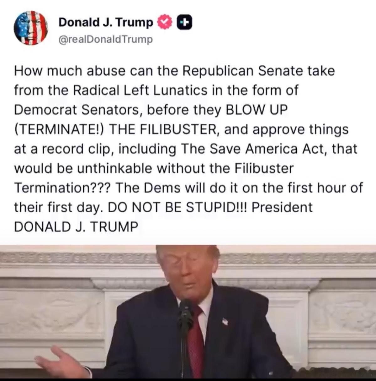 【黄金时代】川普刚刚要求参议院共和党人停止玩弄政治游戏，彻底废除冗长辩论规则。“