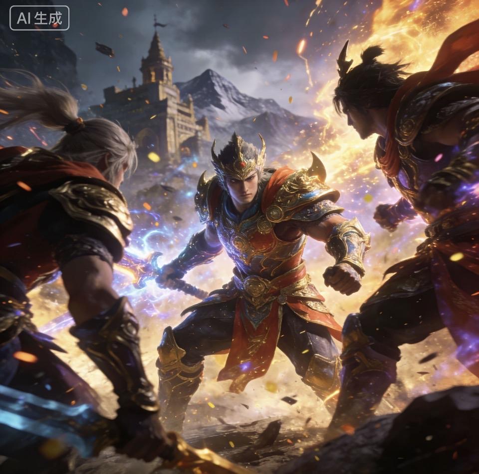 乱世烽烟起，侠骨镇山河。
三位豪杰立于残垣之上，刀光剑影里藏着半生江湖，电光火石