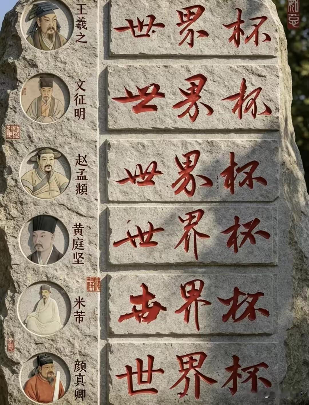 6大书法家“世界杯”的提字，我觉得最好的还是颜真卿的字，方方正正的，感觉让人看起