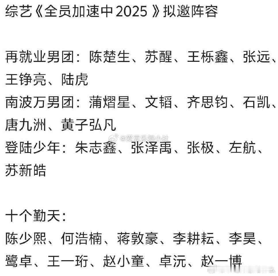 全员加速中拟邀再就业男团 南波万男团 登陆少年组合 十个勤天 