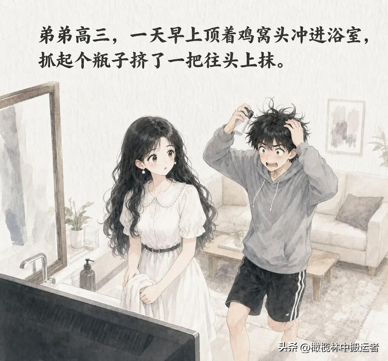 图文漫画推荐：弟弟早上顶着鸡窝头冲进浴室，抓起个瓶子挤了一把往头上抹。抹完感觉不