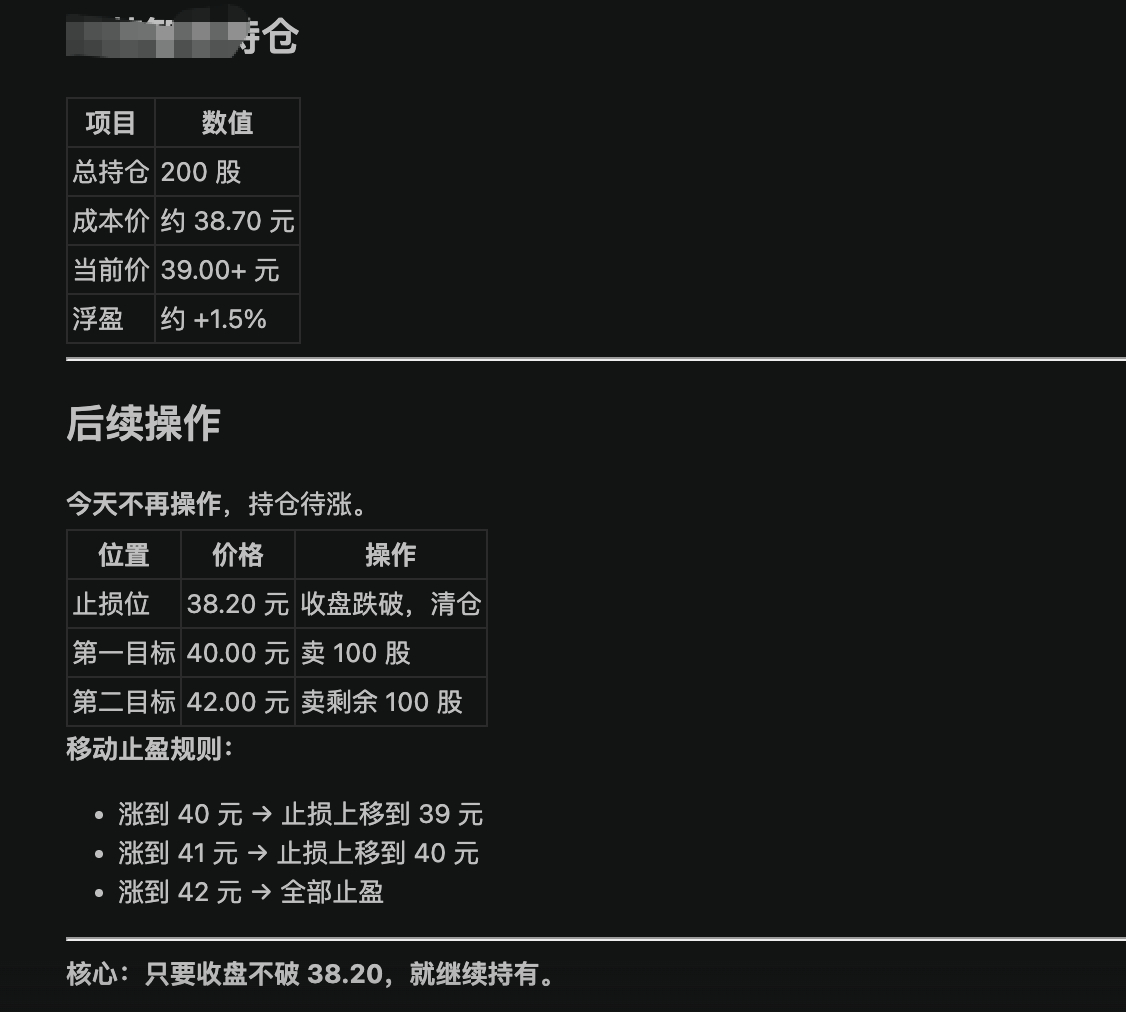 按照 AI 给的提示，股价突破站上 38.5 买入。昨天尾盘前已经买入。成本价 