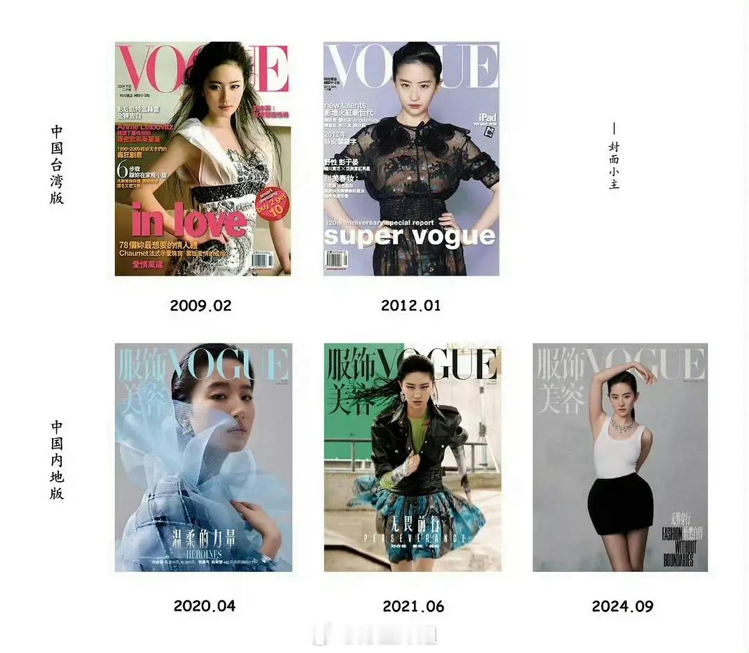 刘亦菲之前已经三登vc（Vogue China），且有单人vc金九封面，另外还有