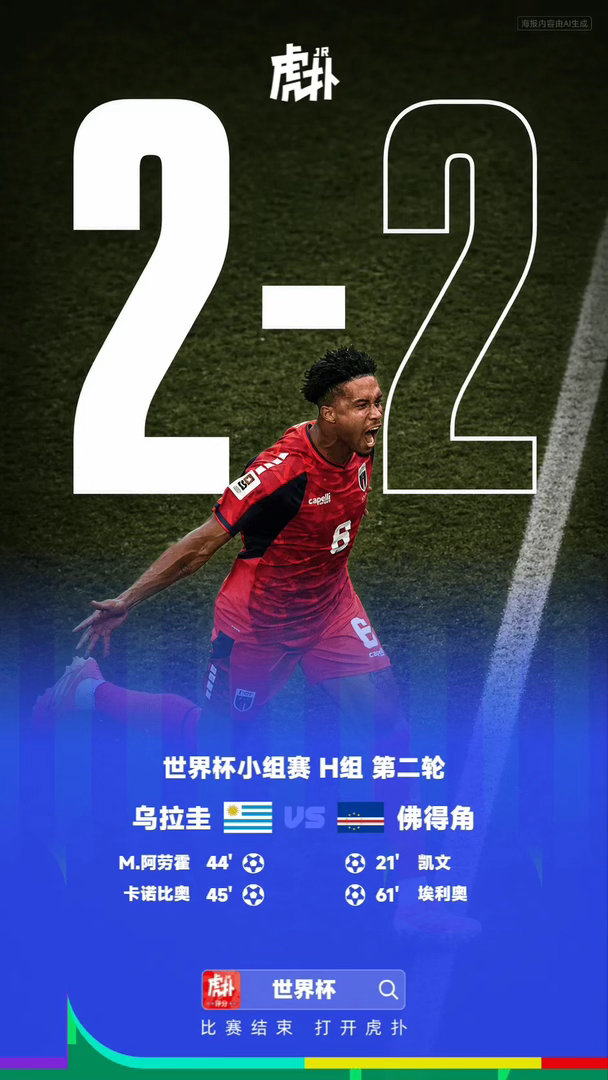 美加墨世界杯H组激战乌拉圭2-2绝平佛得角，皮纳远射任意球创队史纪录门将失误葬送