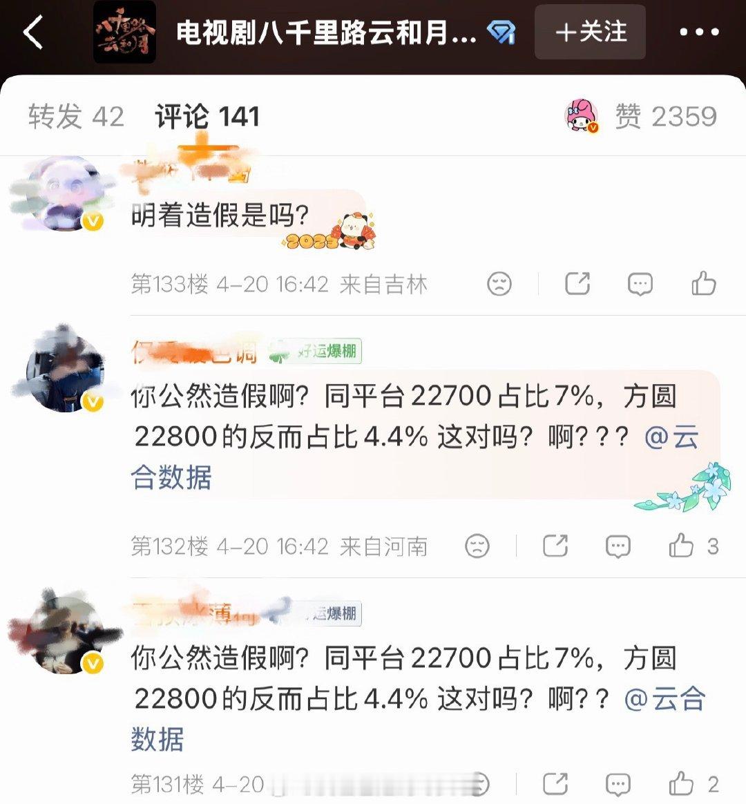 云合被质疑数据造假，方圆八百米 热度22800占比4.4%，同平台另部剧热度22