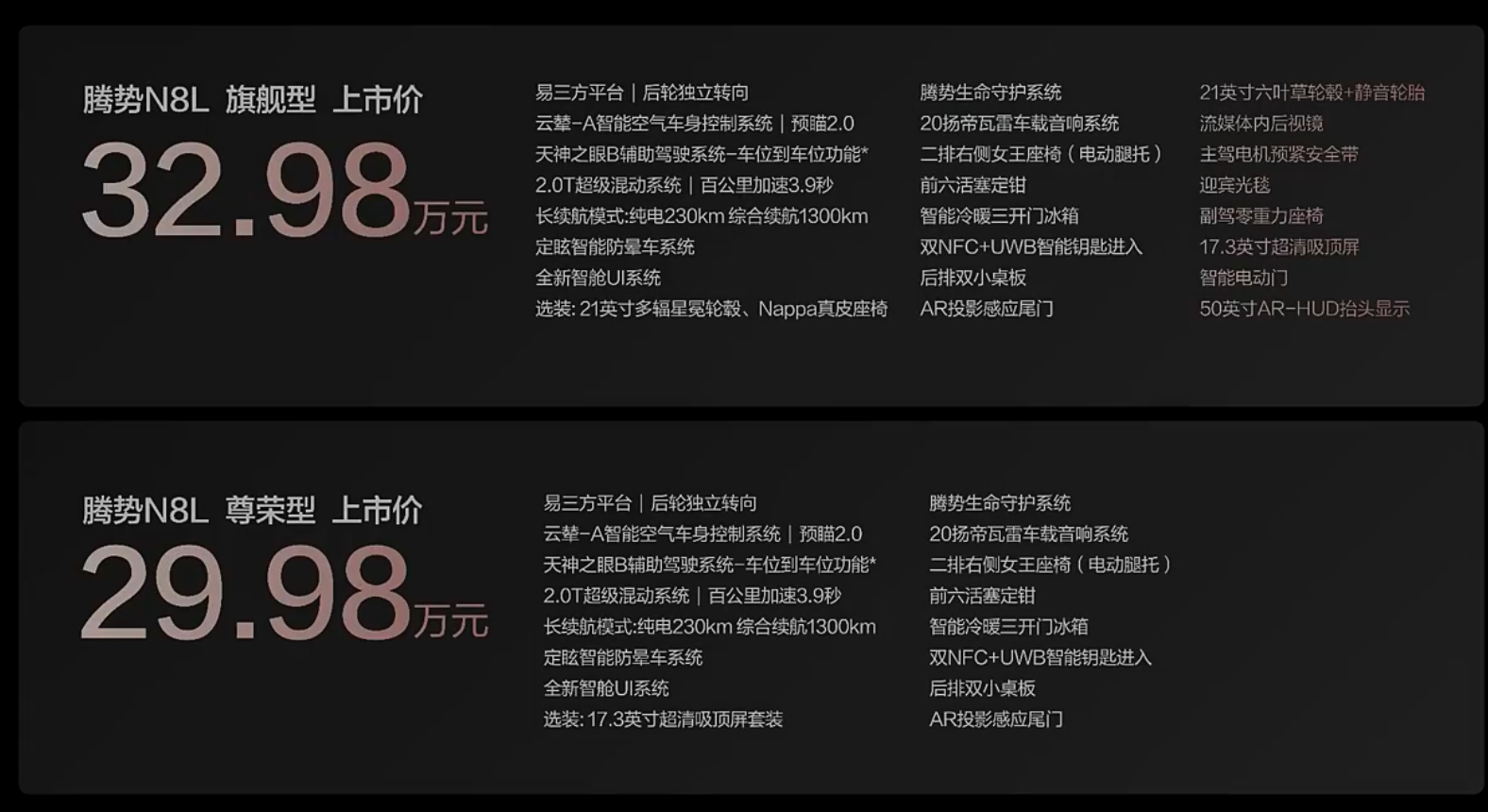 腾势N8L价格发布，上市即交付尊荣型售价29.98万元旗舰型售价32.98万元 