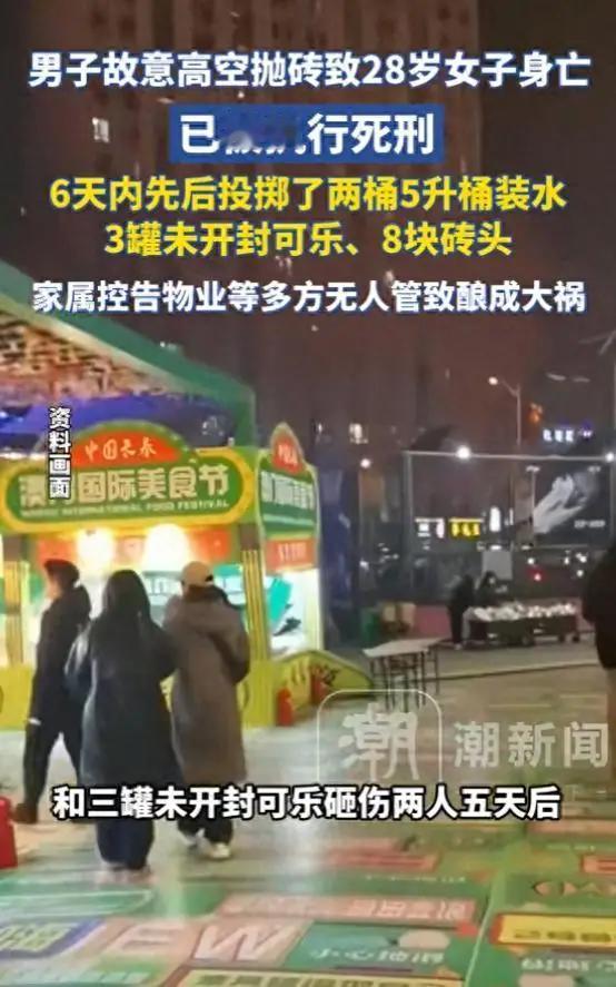 男子故意高空抛砖致28岁女子身亡，已被执行死刑，6天内先后投掷了两桶5升桶装水、