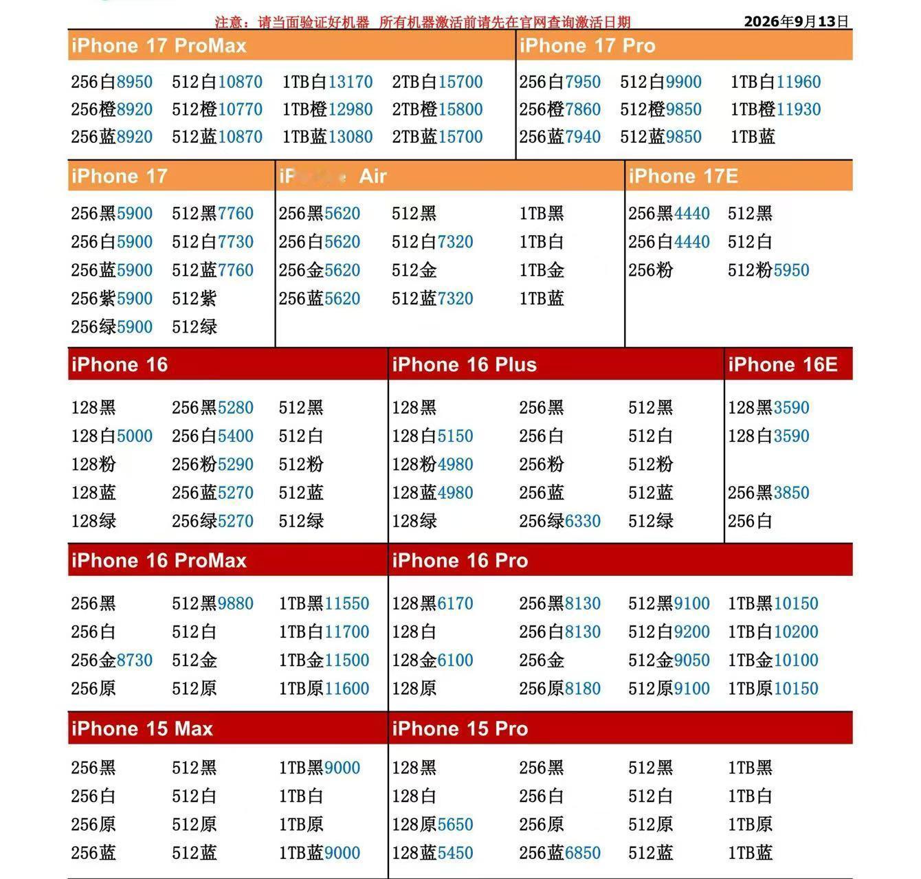 26年9月13日国行苹果手机系列价格更新，今天的17系列多数型号略跌，只是略跌个