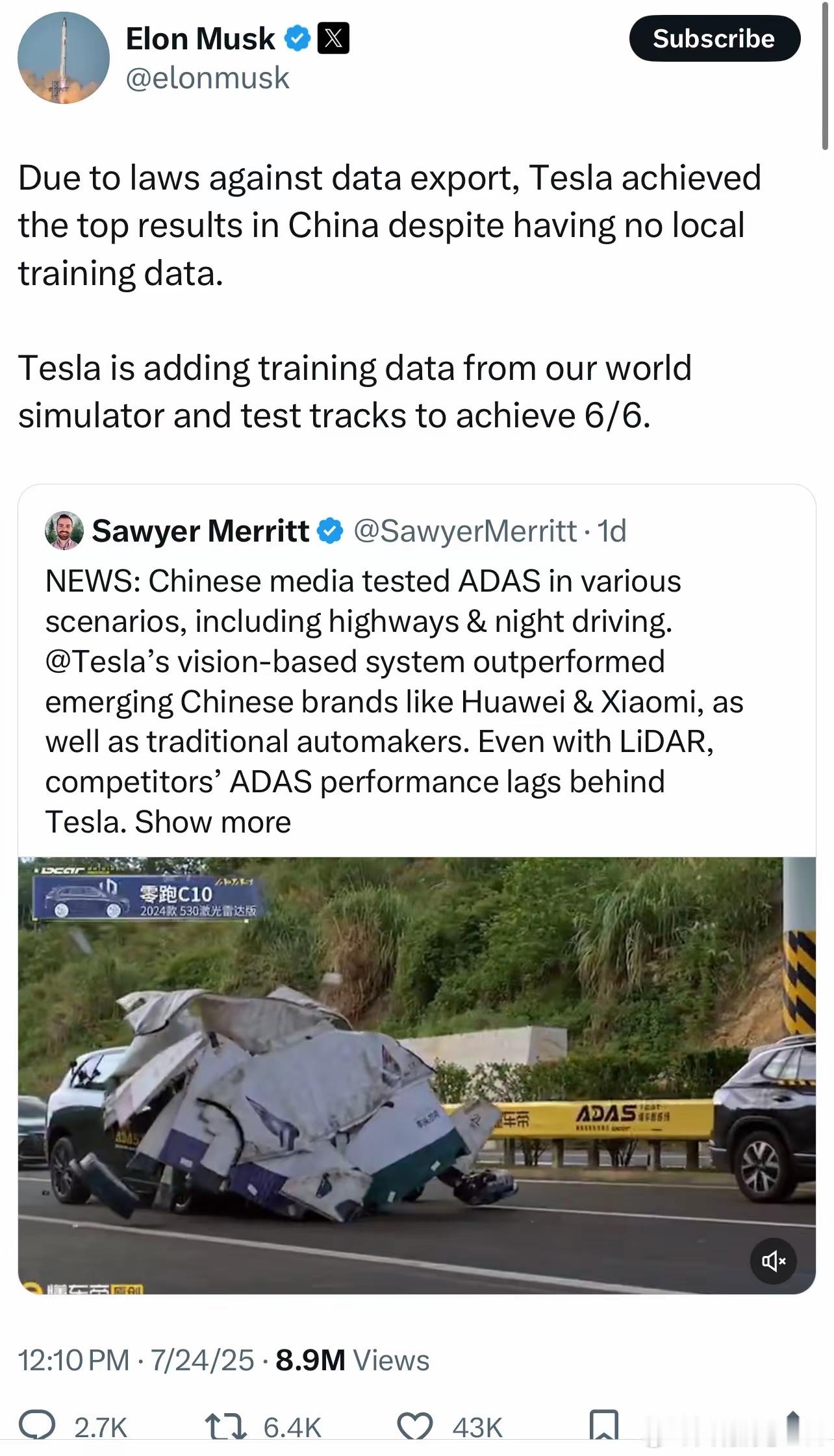 懂某弟的测评刚结束不久，马斯克就转发了相关测评结果，并表示他们在中国取得了最高成