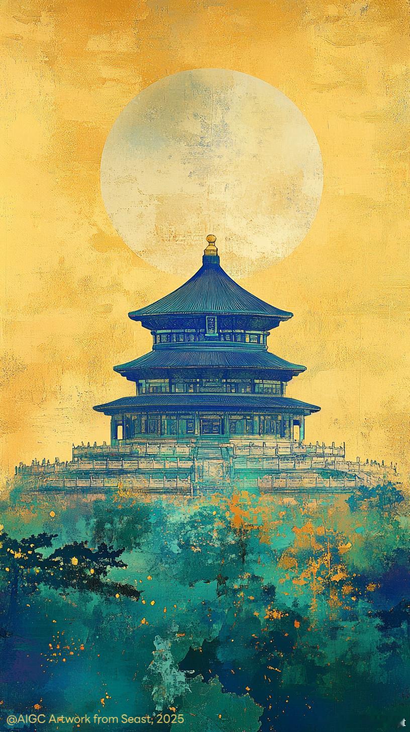 全国地标AI变装大晒 银辉倾泻，漫过祈年殿的飞檐，翠色铺陈，晕染古柏林的枝冠。北