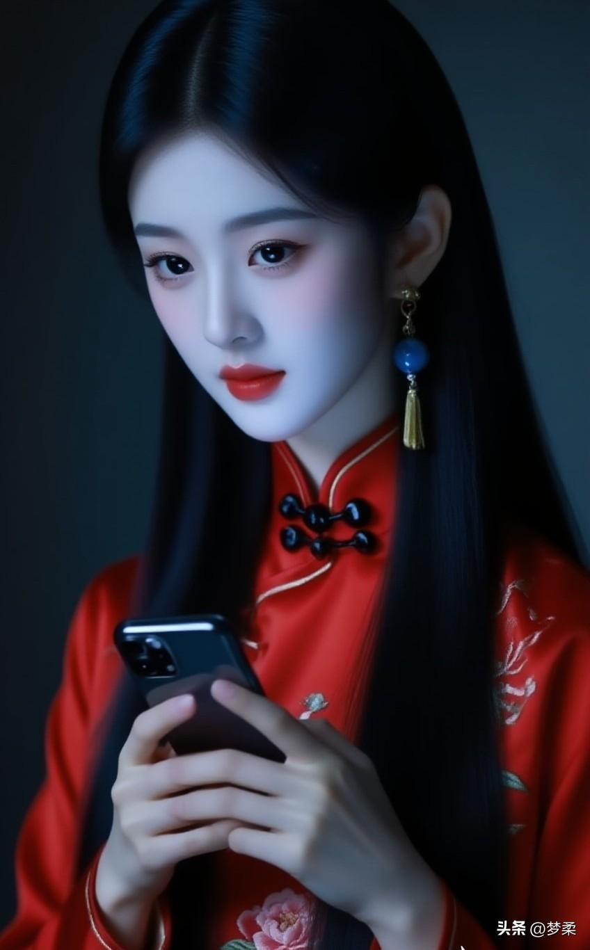 沉静如水的古典美女，手持手机，散发着现代与传统的完美融合！