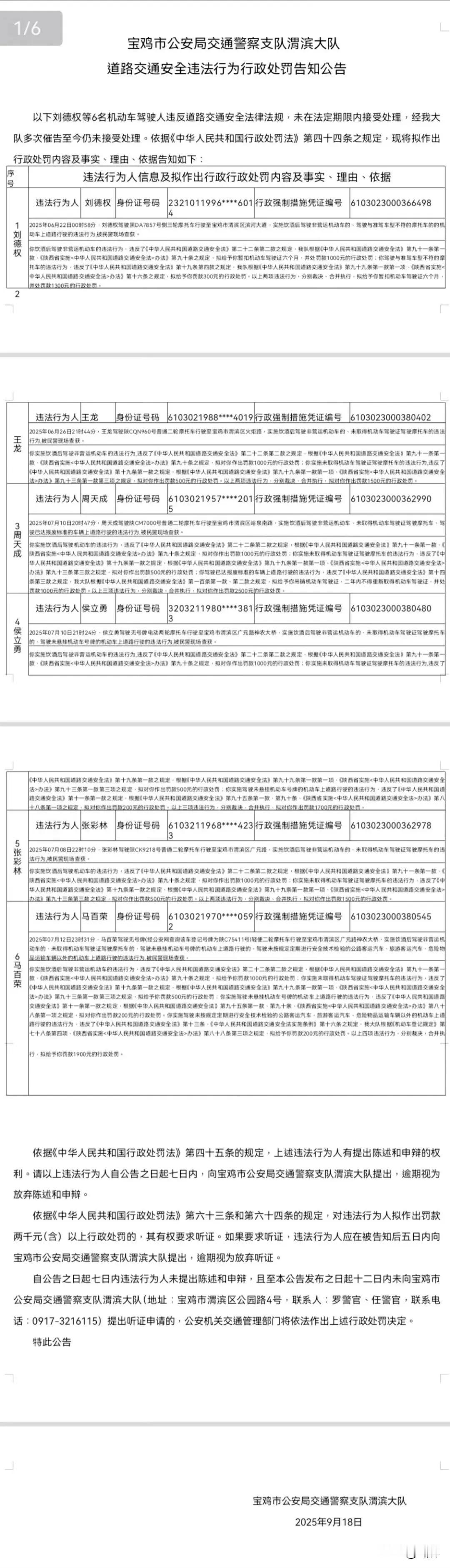 9月18日，宝鸡市公安局交通警察支队渭滨大队发布公告，拟对6人行政处罚。