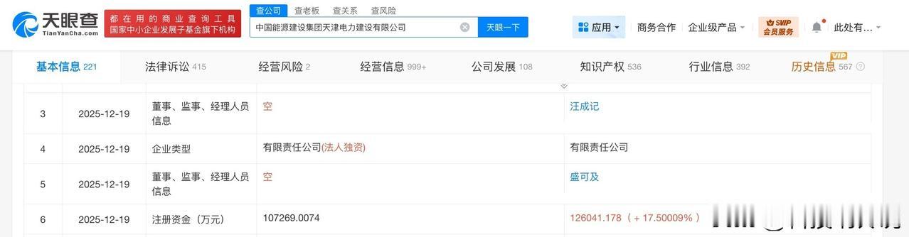 【中国能建旗下天津电力建设公司增资至12.6亿 增幅约17.5%】
天眼查App
