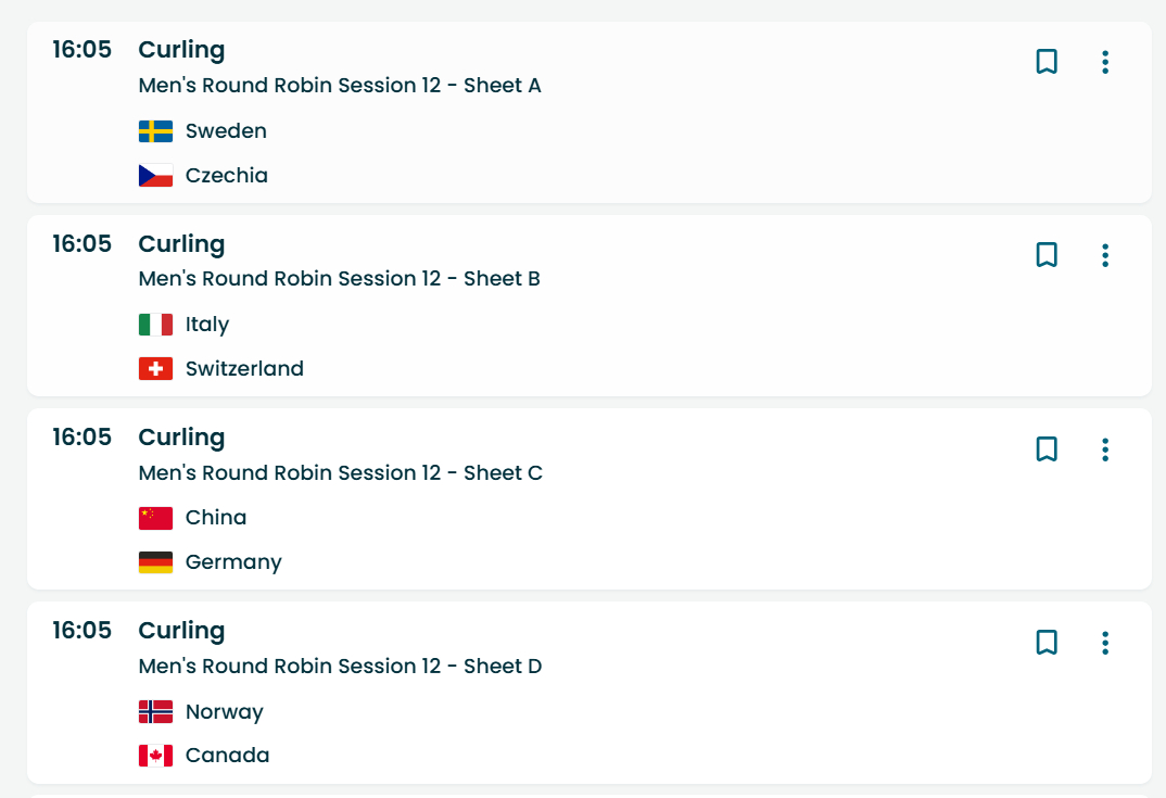 今天16点场次和21点场次都有中国队，中国队最后两场球了，壶男对德国，壶女对日本
