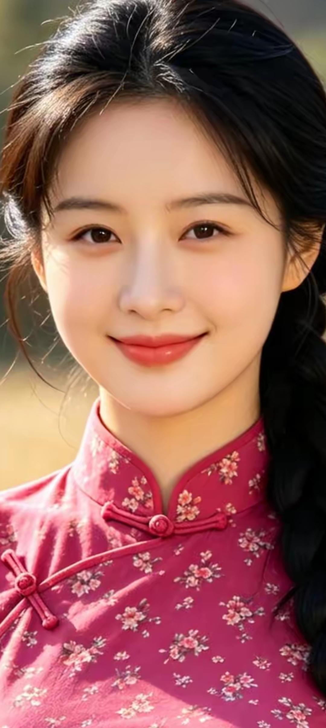 温柔甜美的少女，粉色旗袍，花枝招展，笑靥如花。