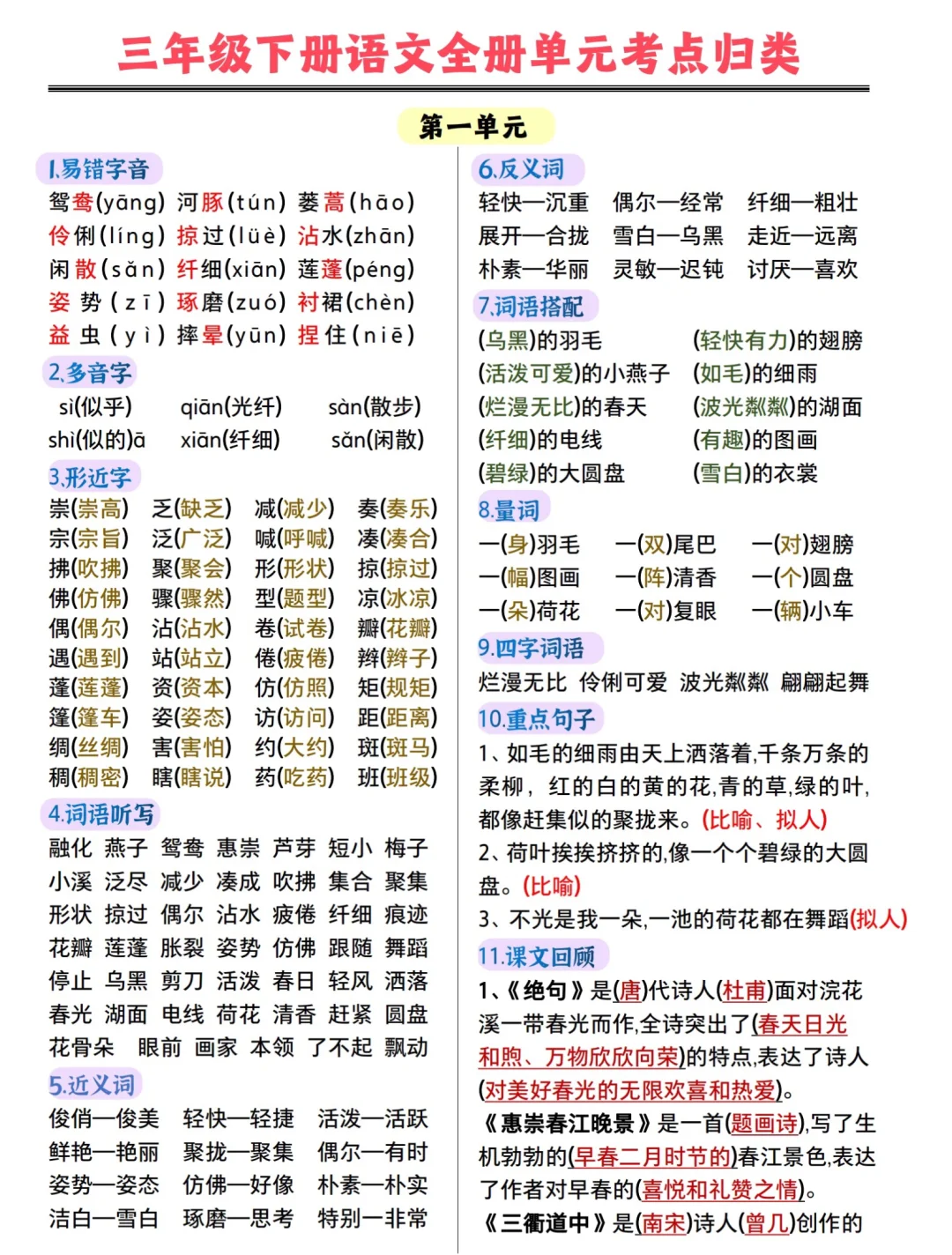 期中复习不愁，三年级下册语文单元归类复习