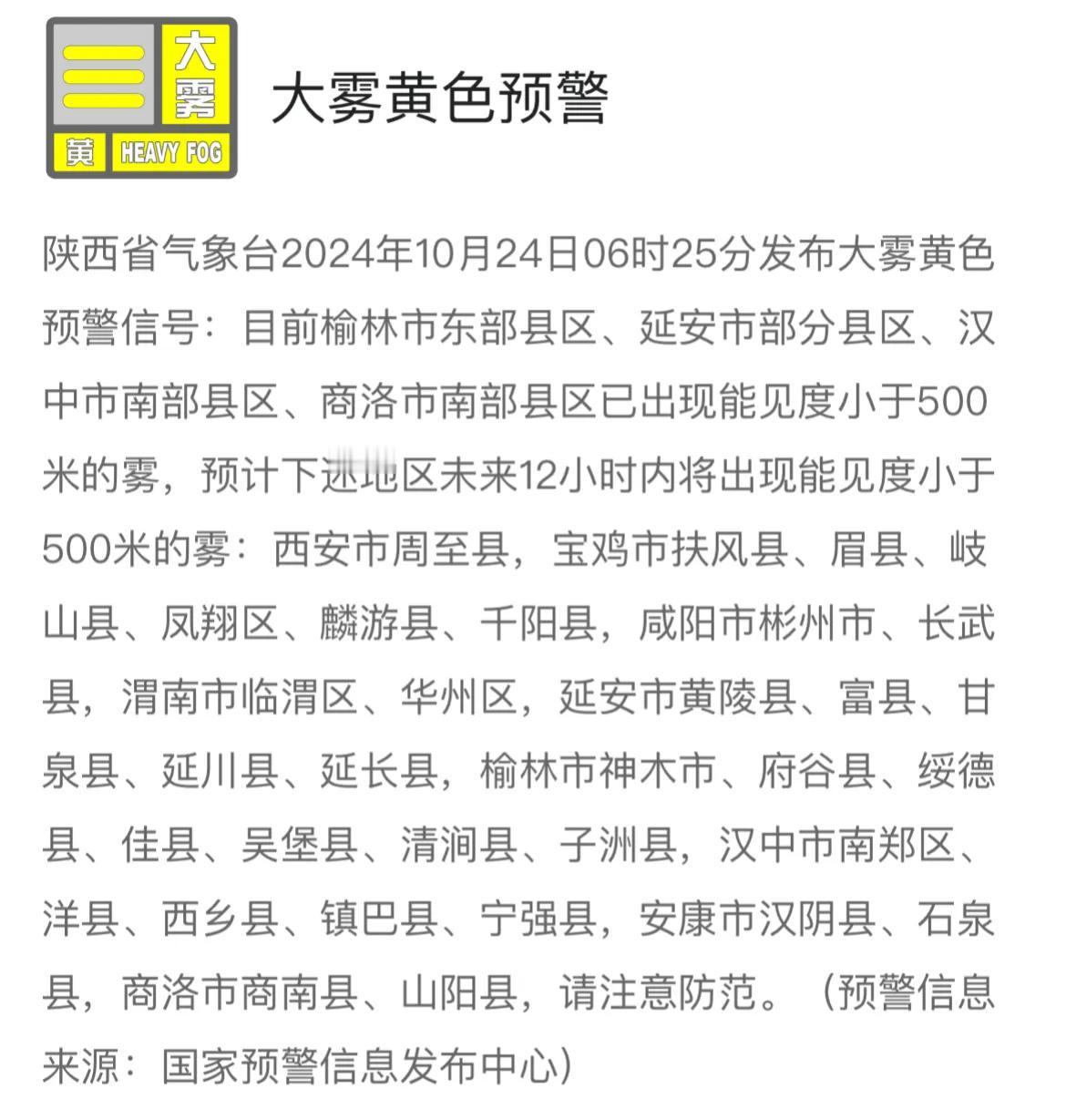 #天气预警# 陕西省气象台发布大雾黄色预警信号。